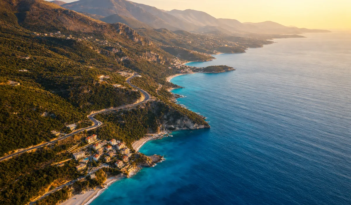 Aerial view of Ksamil beach with offshore islets and turquoise water