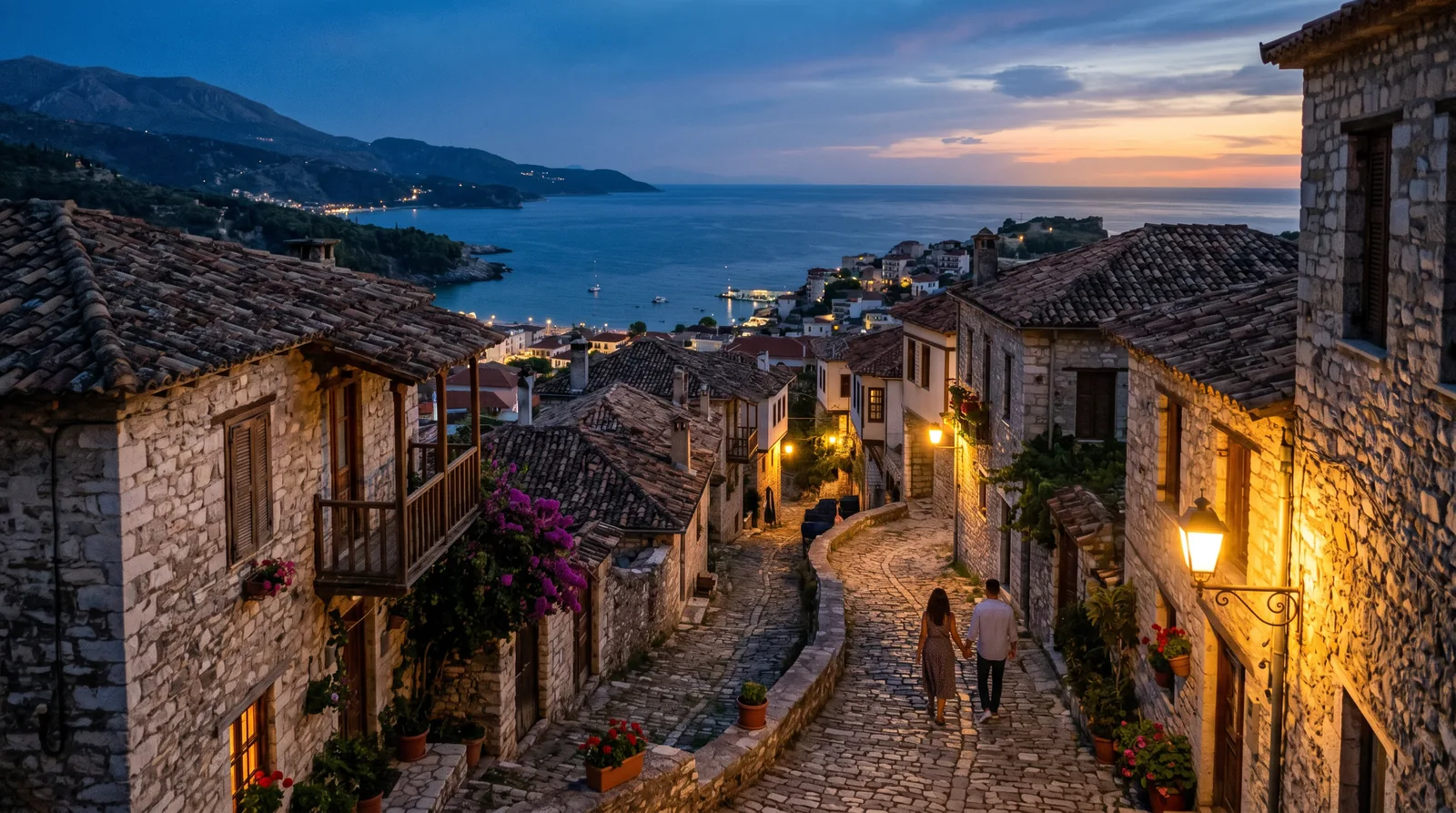 Stone old town of Himarë lit at twilight above the sea