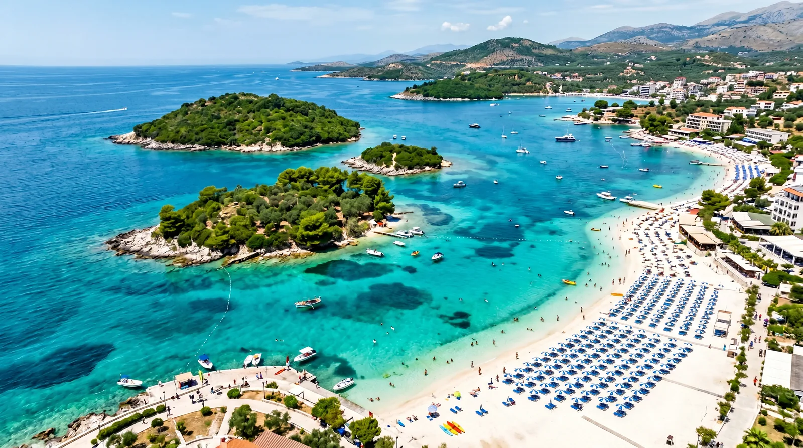Aerial view of Ksamil beach with offshore islets and turquoise water